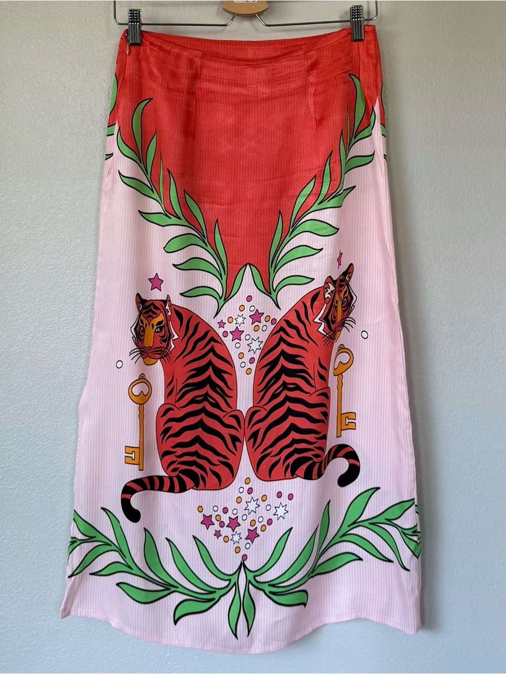 ANTHROPOLOGIE S Bl-nk Lania Slip Midi Skirt • Boho Tiger Print Silky Slit - Picture 5 of 12